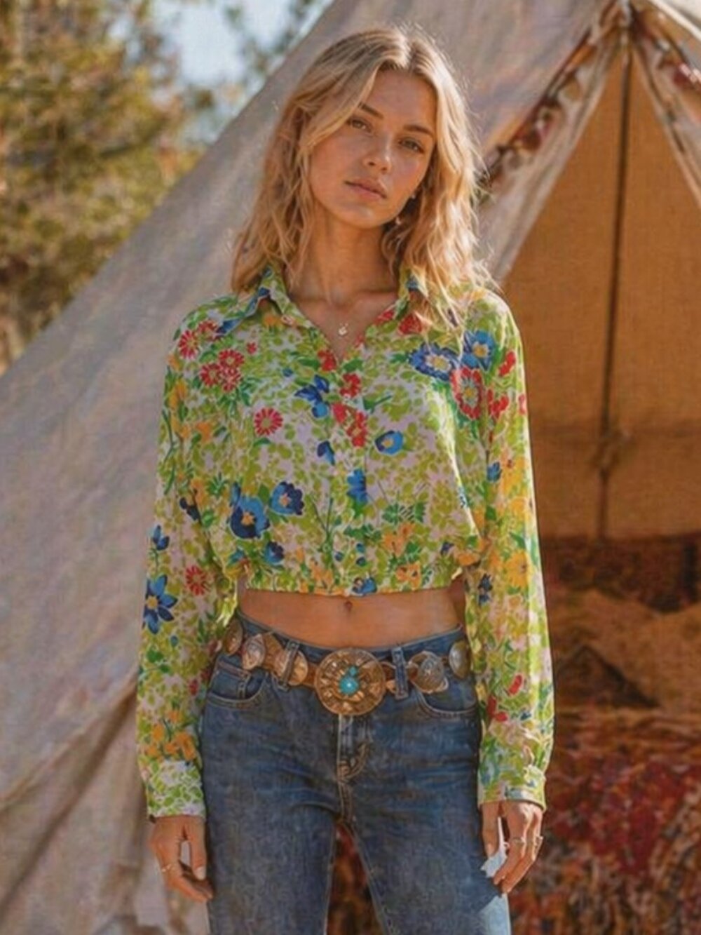 Vintage Oak Hill Cropped Blouse Green Floral Button Up Small